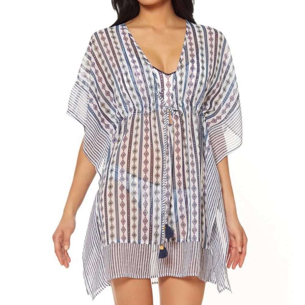 Jessica Simpson Striped Printed Caftan Swim Bikini Cover Up